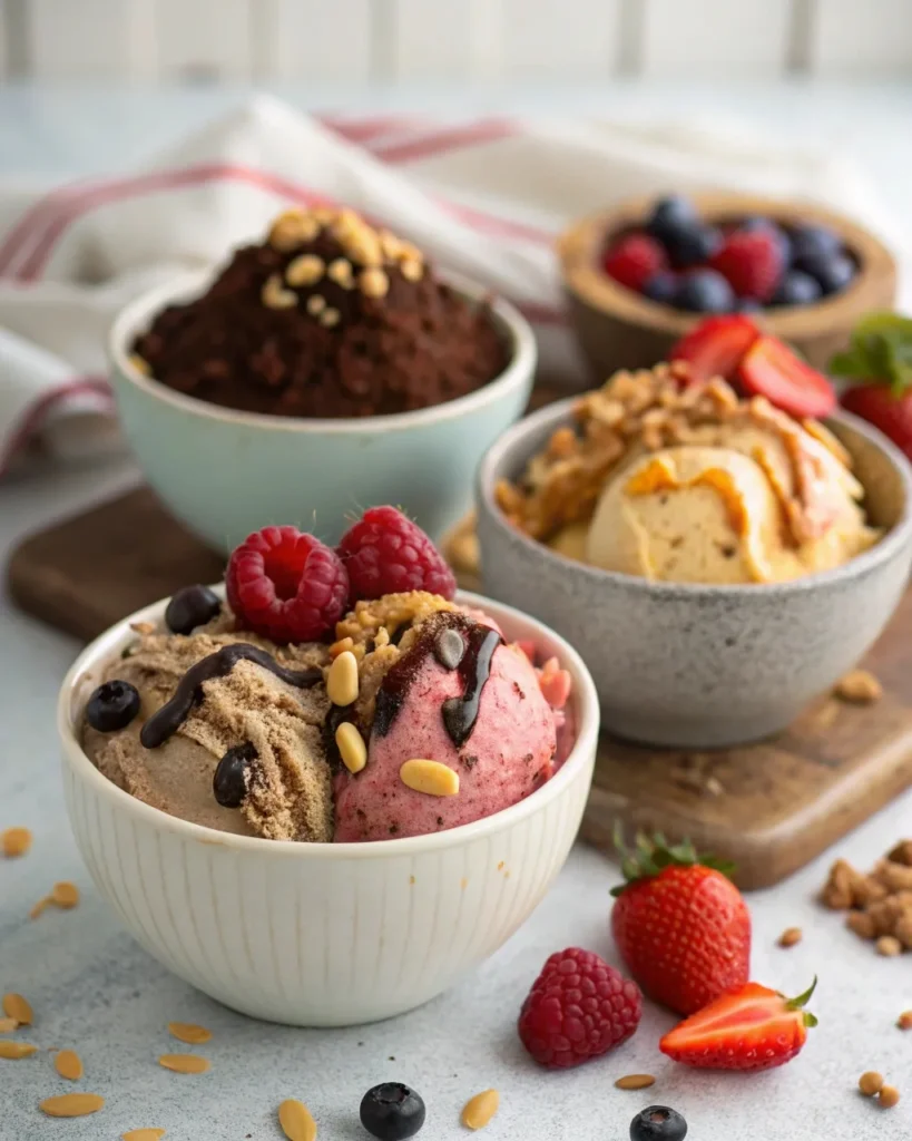 Three bowls of cottage cheese ice cream in chocolate, strawberry, and peanut butter flavors with toppings