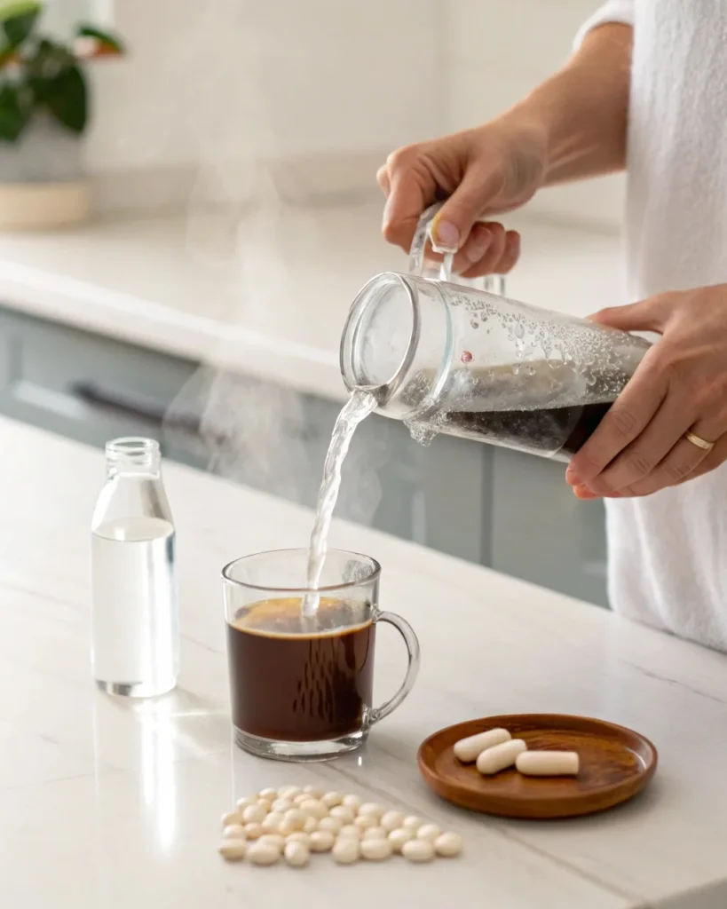 Woman preparing to take fat-burning supplement with coffee as part of the 7-second coffee loophole recipe