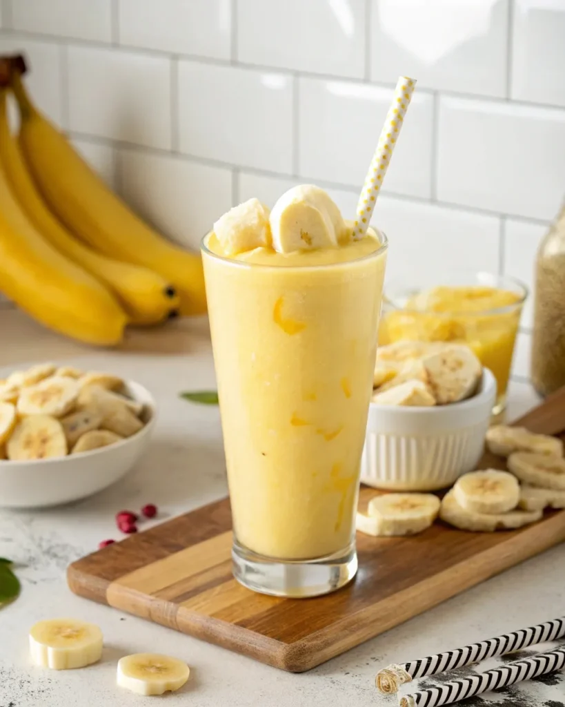 Banana smoothie diet ingredients on a kitchen counter including banana, spinach, and almond milk