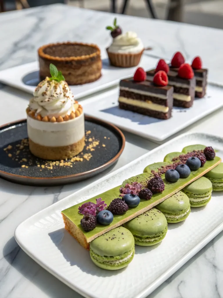 Assorted modern desserts showcasing current dessert trends like matcha tiramisu and vegan chocolate tart