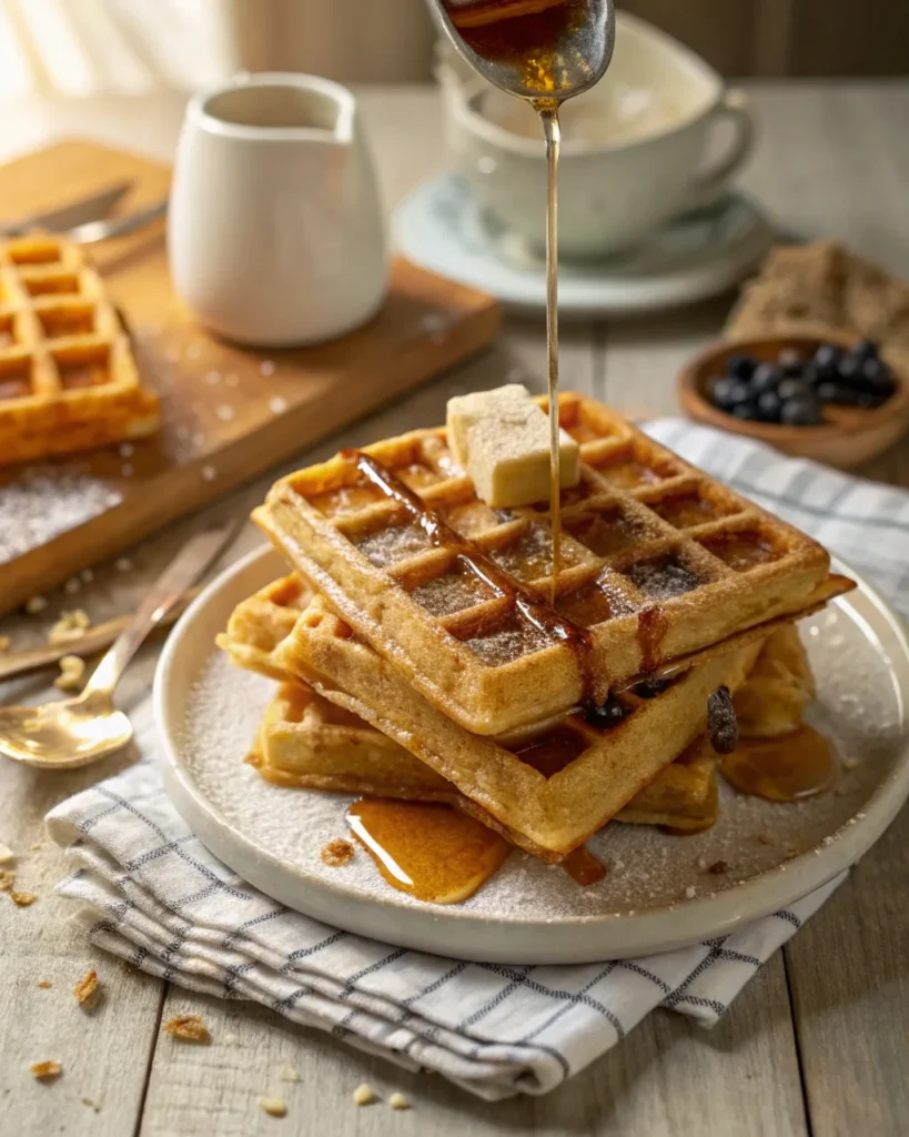 Stack of golden sourdough waffles with maple syrup and butter on a rustic breakfast table