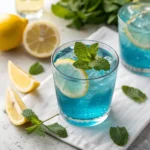 Close-up of blue salt drink – viral wellness salt trick in a glass