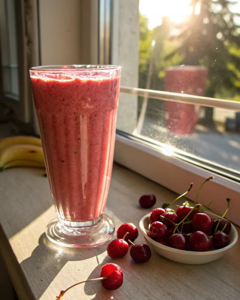 Banana Cherrie Smoothie in a glass with fresh cherries and bananas on a kitchen counter