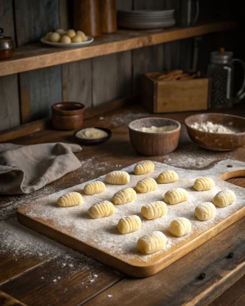Freshly made potato gnocchi on a wooden board – what does gnocchi mean in English