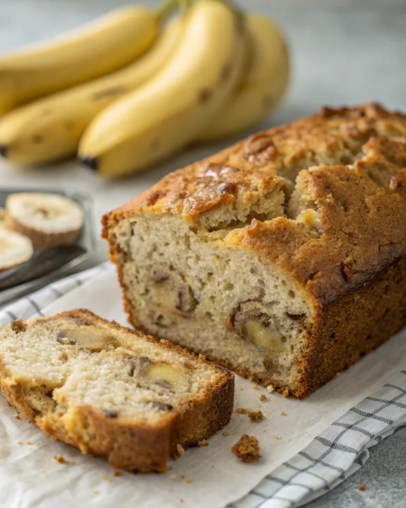 Styled hero shot of cottage cheese banana bread loaf for recipe plugin, showing steamy slices and soft crumb