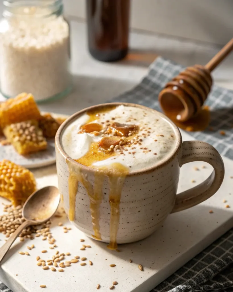 Close-up of a salted tahini honeycomb latte in a ceramic mug with honeycomb topping, flaky sea salt, and creamy foam — a cozy sesame coffee drink.