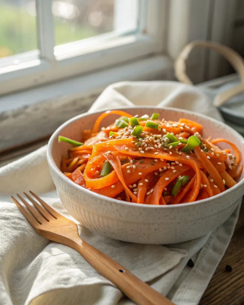 Close-up of vibrant *retinol carrot salad* ribbon curls with sesame-lime dressing in a white bowl.