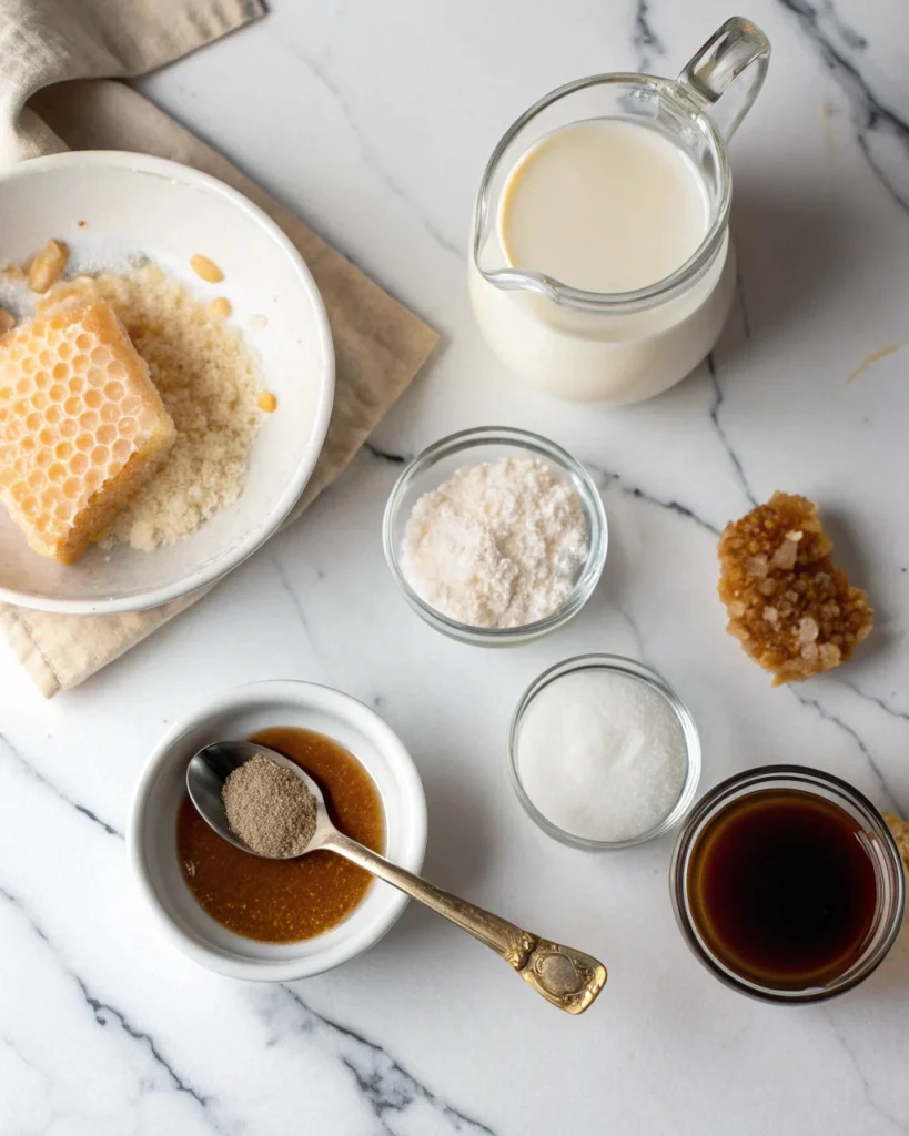 Overhead view of ingredients for a salted tahini honeycomb latte, including tahini, honey, espresso, milk, and salt, arranged beautifully for a recipe blog.