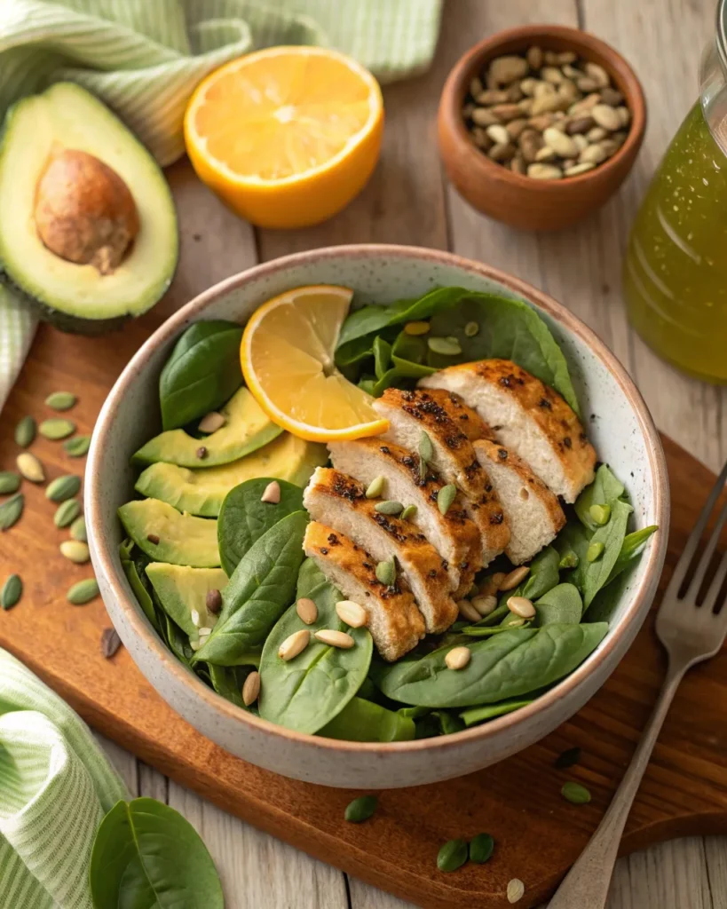 Spinach salad with avocado and chicken in a Natural Zepbound Recipe meal plan