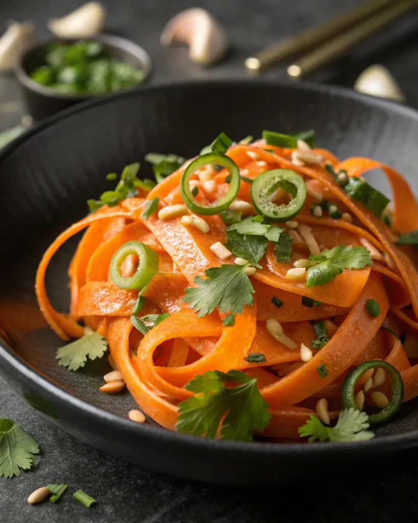 Spicy serrano-garlic *glow-boosting carrot salad* variation featuring carrot ribbons, chili rings, and cilantro.