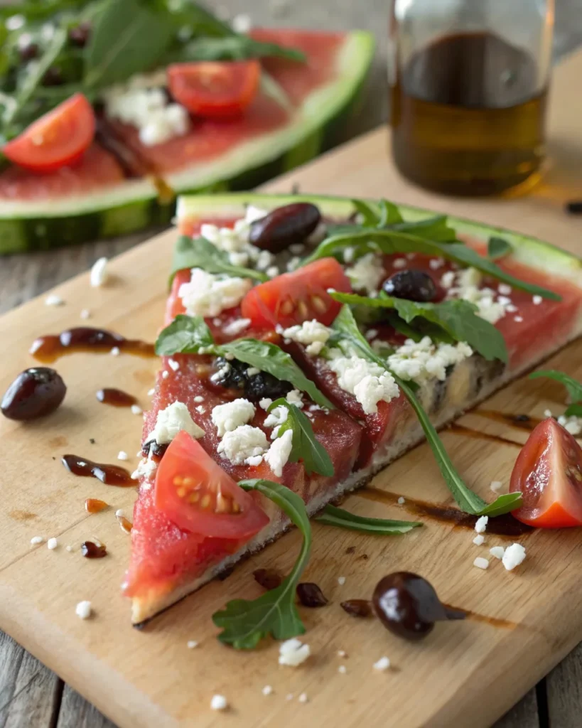 Close-up of savory watermelon pizza slice with feta cheese, cherry tomatoes, Kalamata olives, and balsamic drizzle