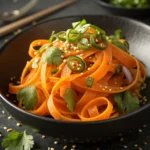 Overhead view of *retinol carrot salad* carrot ribbon nest topped with sesame seeds and lime on marble background.