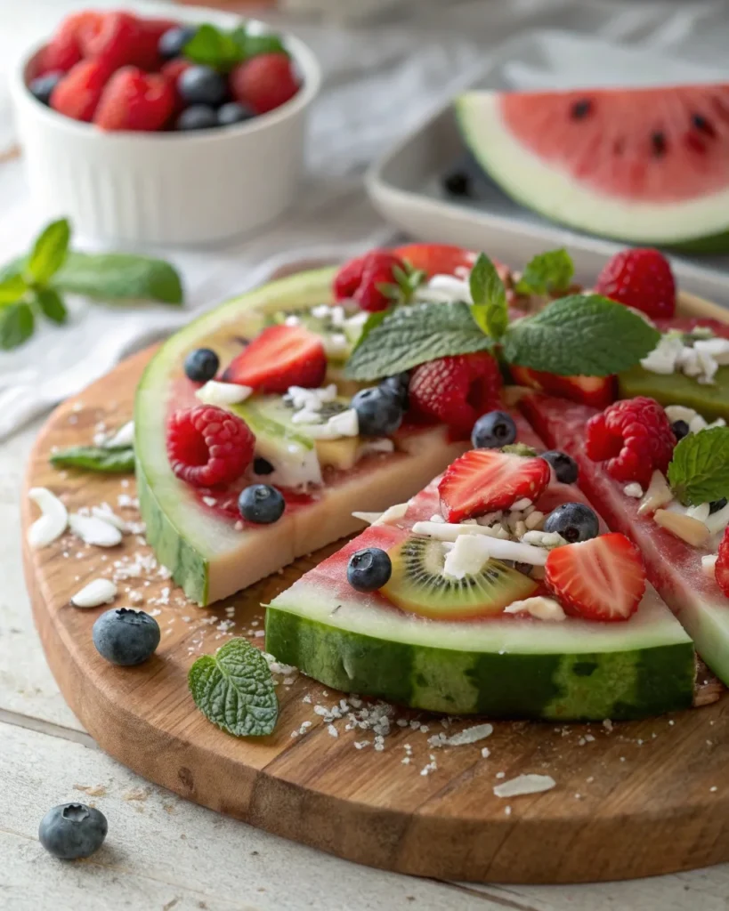 Colorful watermelon pizza topped with berries, kiwi, coconut flakes, and mint leaves on a rustic wooden board