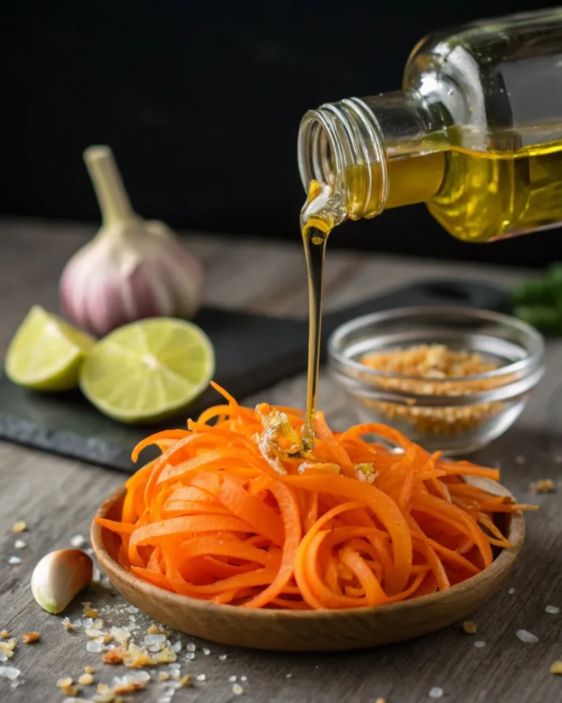 Beta-carotene carrot ribbons for *retinol carrot salad* being drizzled with sesame oil to boost vitamin A absorption.