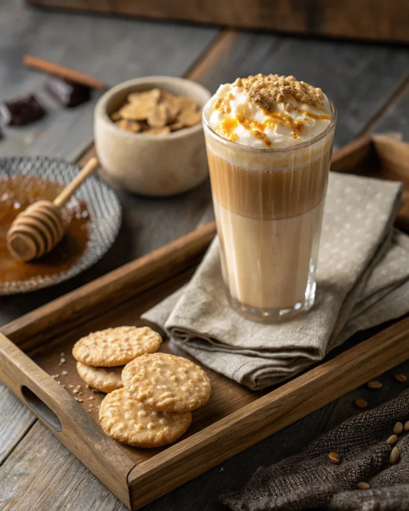 A salted tahini honeycomb latte served with sesame cookies on a rustic wooden tray — perfect pairing for this nutty and sweet tahini coffee latte.