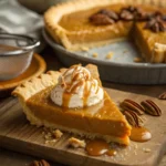 Close-up of a whole butterscotch pie with golden crust, creamy filling, and whipped cream topping
