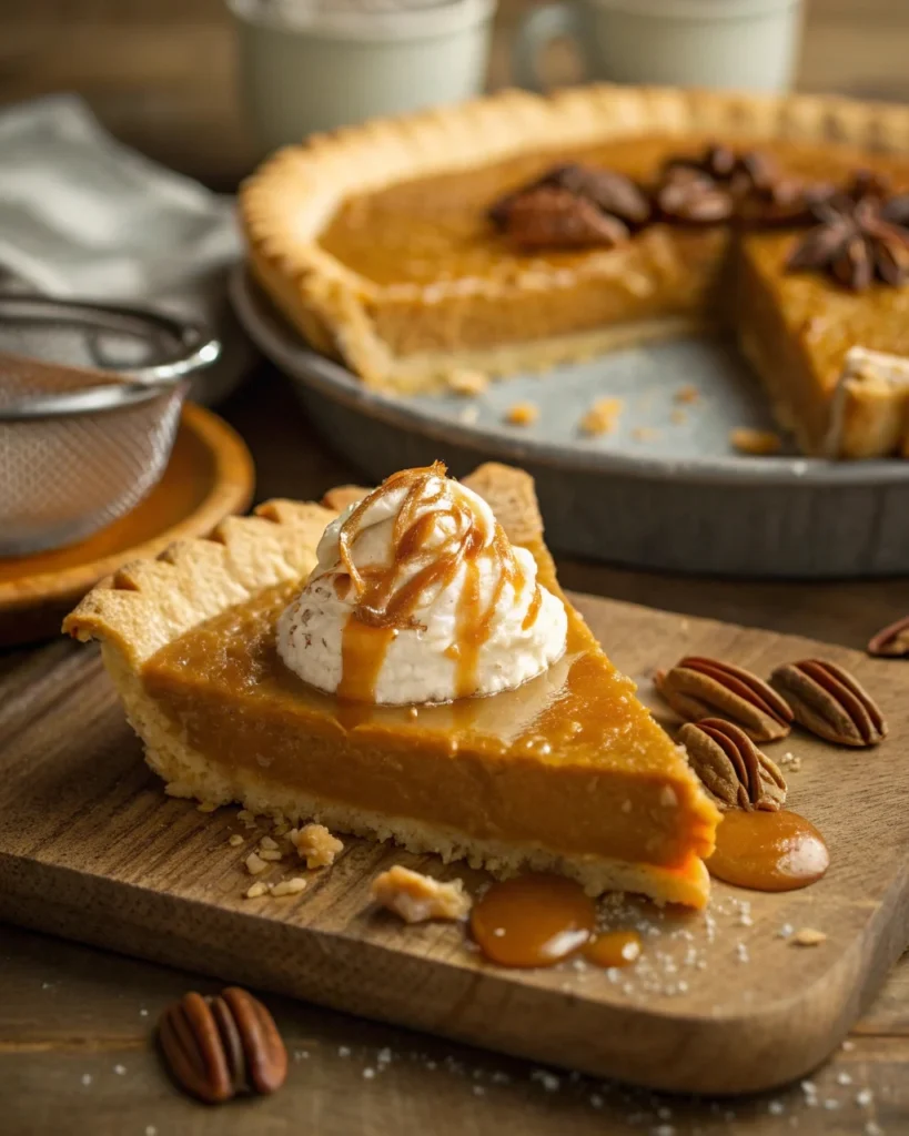 Close-up of a whole butterscotch pie with golden crust, creamy filling, and whipped cream topping