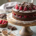 Mocha Raspberry Fudge Cake with chocolate layers, raspberry filling, and mocha fudge frosting topped with fresh raspberries.