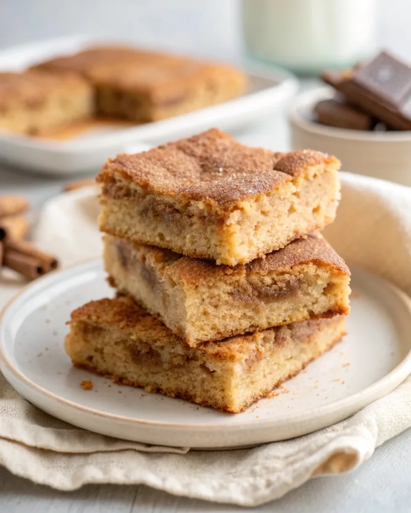 Stack of Chewy Snickerdoodle Cookie Bars on a white plate with golden cinnamon-sugar crust