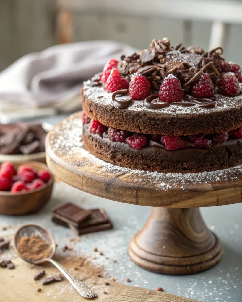 Mocha Raspberry Fudge Cake with chocolate layers, raspberry filling, and mocha fudge frosting topped with fresh raspberries.
