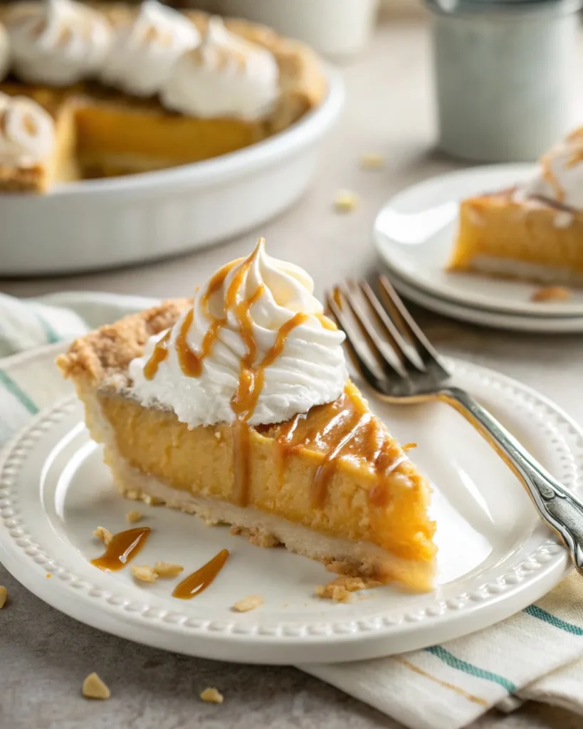 Slice of butterscotch pie with silky filling, flaky crust, and caramel drizzle on a white plate