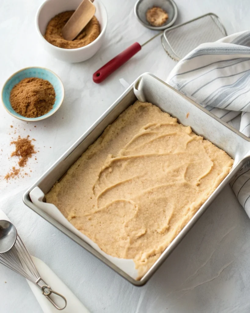 Snickerdoodle cookie bar dough pressed into a 9x13 pan with cinnamon sugar topping
