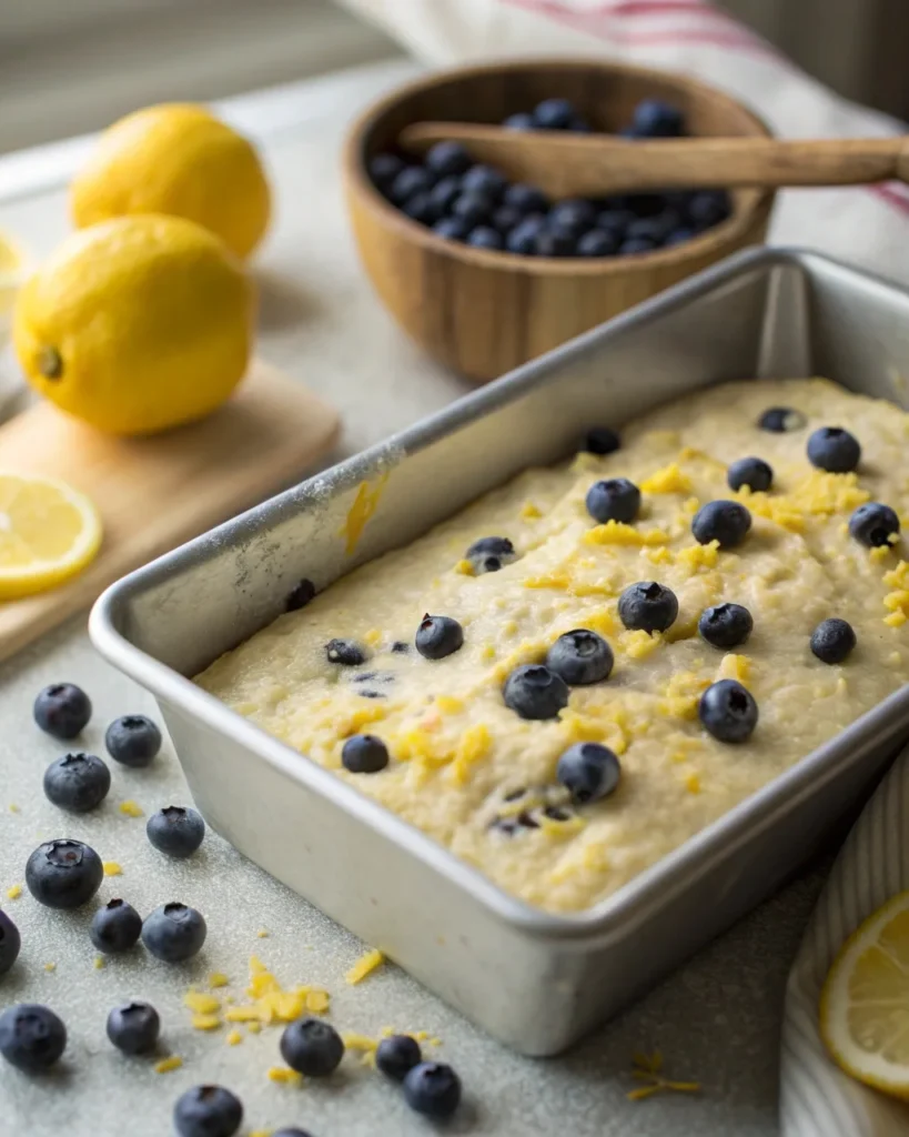 Unbaked lemon blueberry sheet cake batter with fresh blueberries and lemon zest in a baking pan before going into the oven.