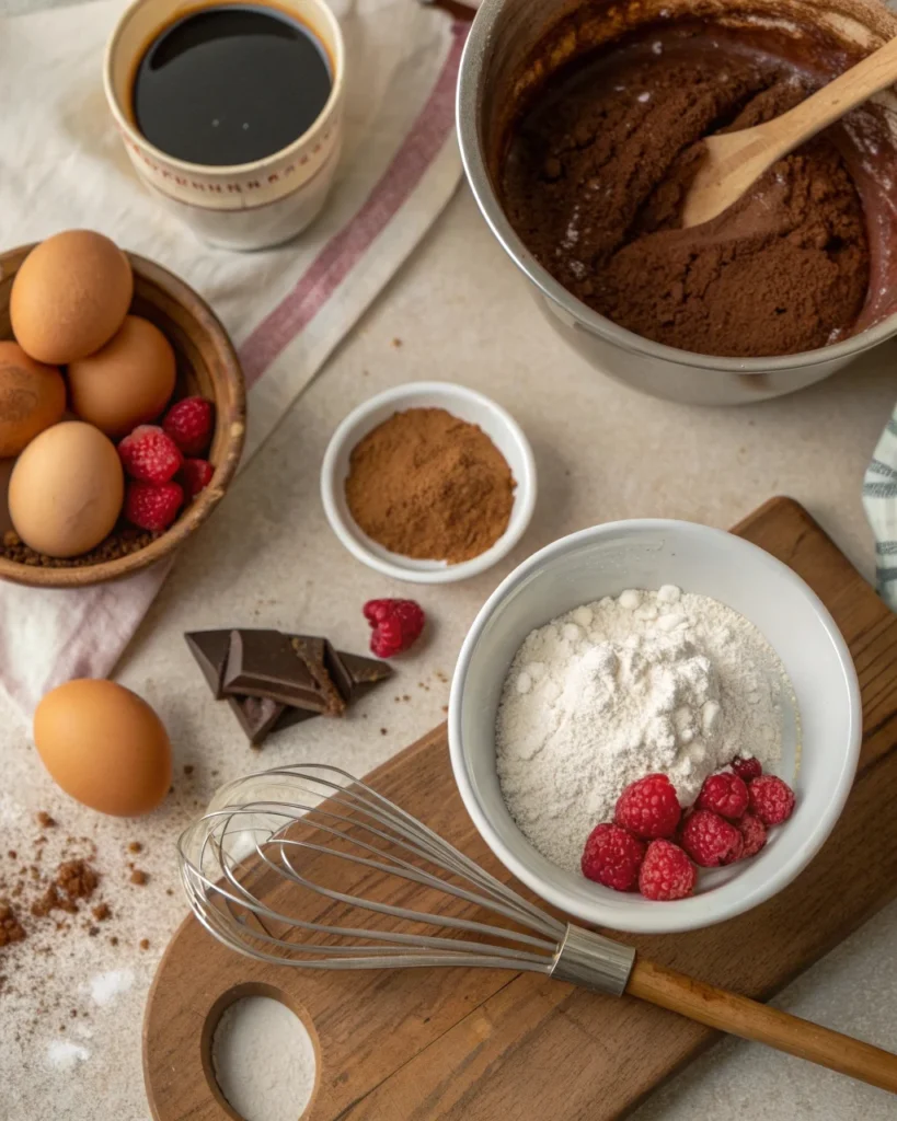 Ingredients for Mocha Raspberry Fudge Cake including cocoa powder, flour, sugar, eggs, butter, raspberries, and hot coffee.
