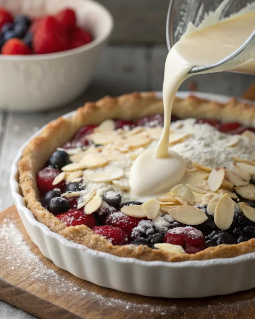 Silky ricotta and cream cheese filling poured into almond crust for Almond Ricotta Cheesecake Pie, finished pie with almond topping.