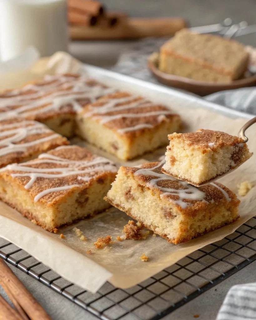 Freshly baked Chewy Snickerdoodle Cookie Bars cooling on a wire rack with one slice cut