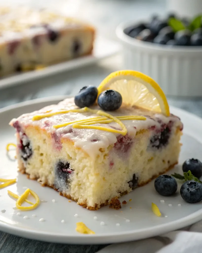 Slice of lemon blueberry sheet cake on a plate, showing soft crumb with juicy blueberries, topped with glaze and lemon zest.