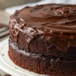 Close-up of a Midnight Fudge Cake on a rustic cake stand with glossy chocolate frosting