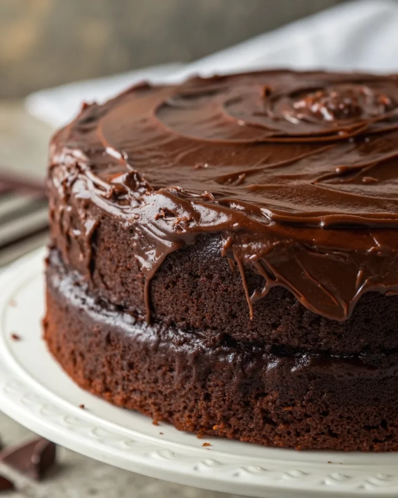 Close-up of a Midnight Fudge Cake on a rustic cake stand with glossy chocolate frosting