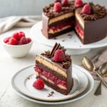 Mocha Raspberry Fudge Cake slice on a white plate with visible chocolate cake layers, raspberry jam, and mocha fudge frosting.