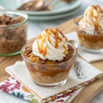 Single serving of Caramel Apple Dessert Cup in a small glass dish, topped with caramel drizzle and whipped cream.