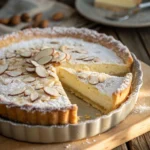 Almond Ricotta Cheesecake Pie in a 9-inch pie dish with sliced almonds and powdered sugar on top, creamy Italian cheesecake dessert.