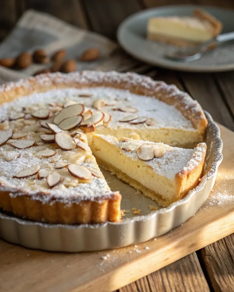 Almond Ricotta Cheesecake Pie in a 9-inch pie dish with sliced almonds and powdered sugar on top, creamy Italian cheesecake dessert.