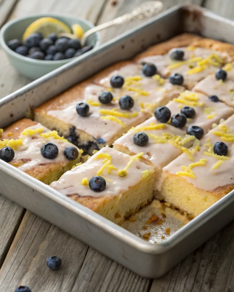 Close-up of freshly baked lemon blueberry sheet cake topped with lemon glaze, blueberries, and lemon zest in a rectangular pan.