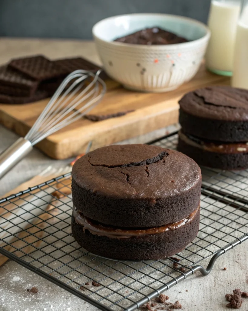 Freshly baked layers of Midnight Fudge Cake cooling on a wire rack before frosting