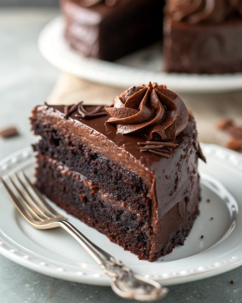 Moist slice of Midnight Fudge Cake with glossy chocolate frosting and chocolate curls on top