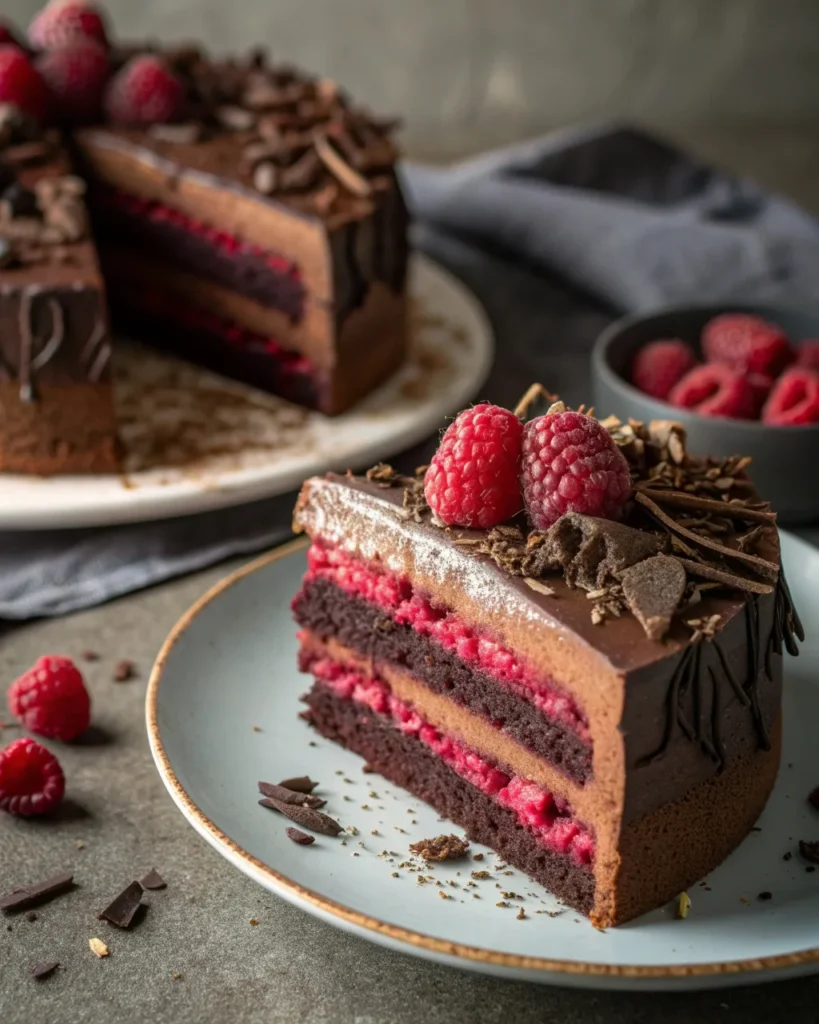 Slice of Mocha Raspberry Fudge Cake showing moist chocolate sponge, raspberry filling, and mocha fudge frosting with garnish.
