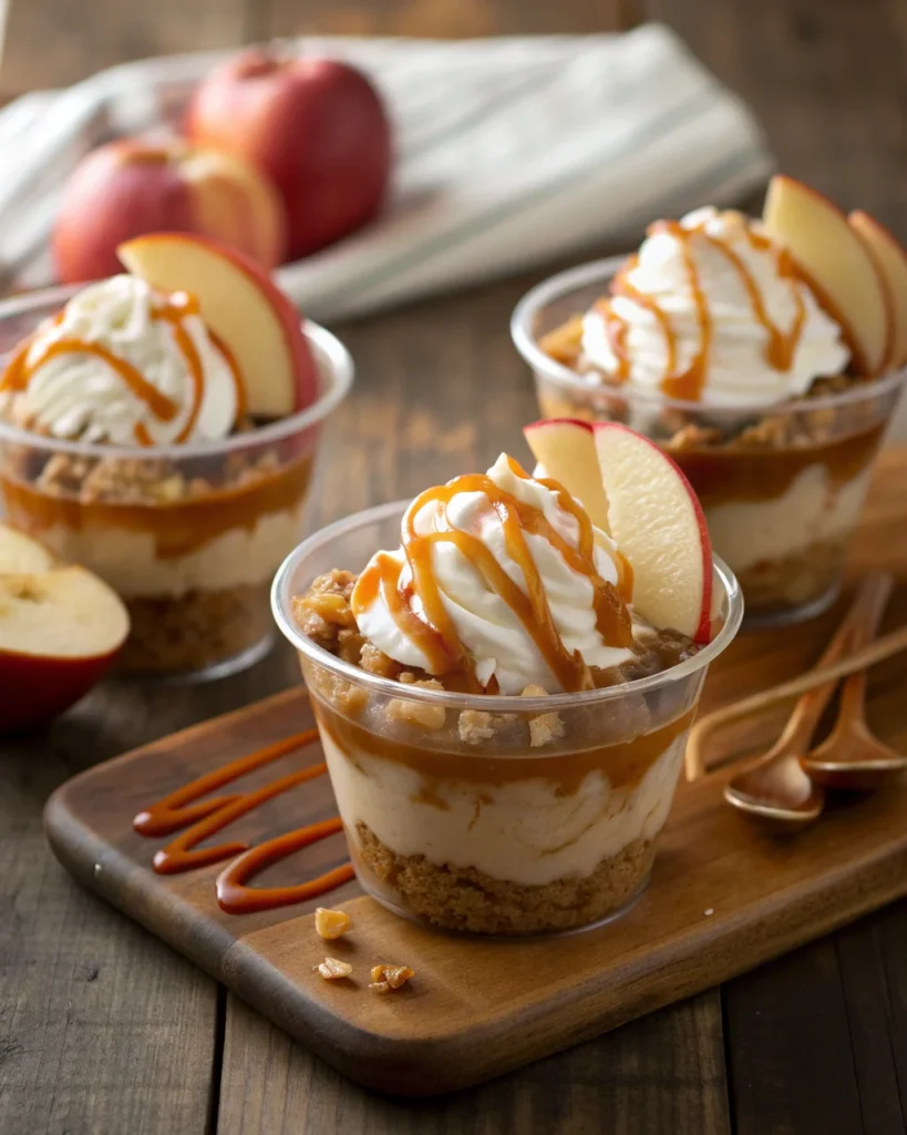 Finished Caramel Apple Dessert Cups topped with whipped cream, caramel drizzle, and apple slices – cozy fall recipe idea.