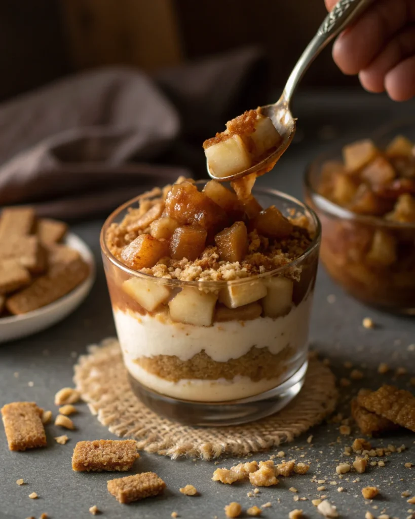 Step-by-step preparation of Caramel Apple Dessert Cups with cinnamon apples and caramel being layered into glass cups.