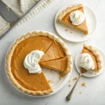 Overhead view of butterscotch pie with one slice served on a plate topped with whipped cream