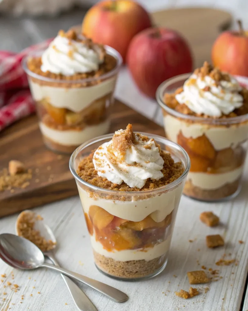 Close-up of Caramel Apple Dessert Cups layered with caramel, apples, and whipped cream in glass cups – the perfect fall dessert.